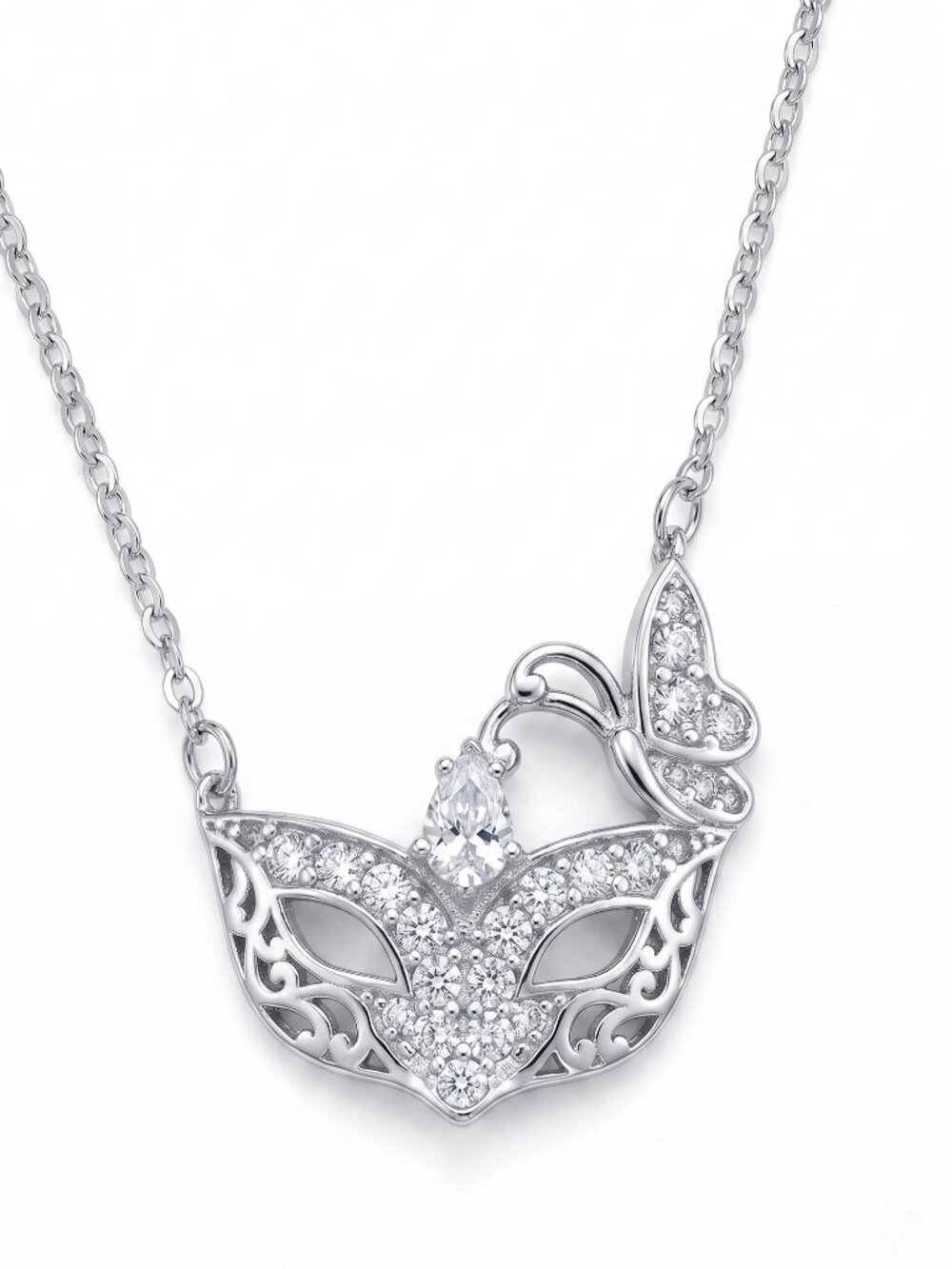 Masquerade Mardis Gras Butterfly Carnival Mask Necklace, 925 Sterling Silver